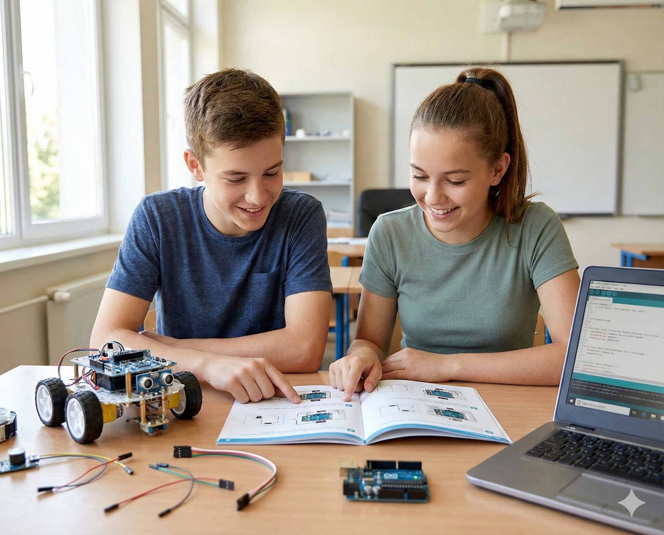 Students working on a kit with a manual