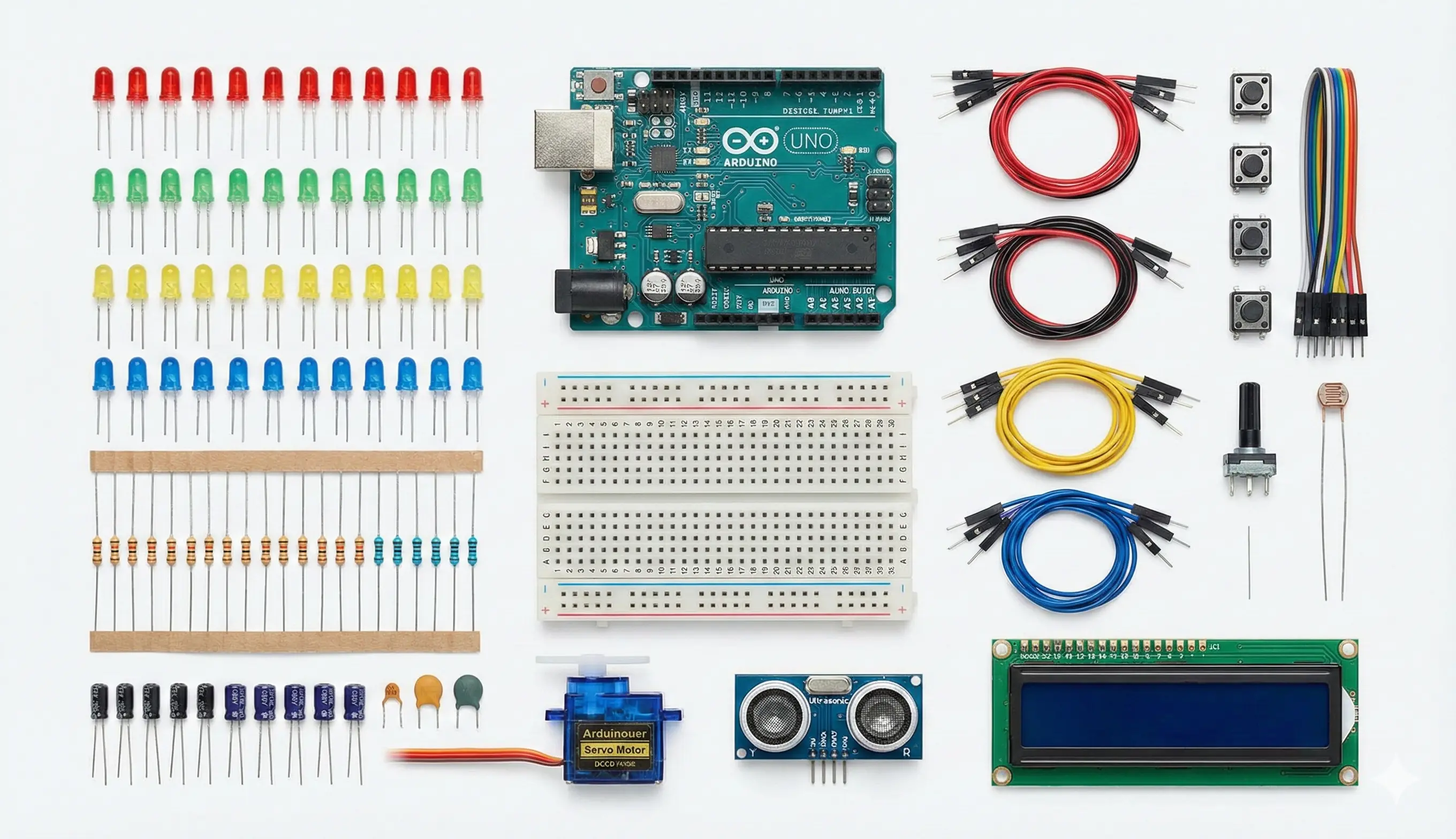 Neatly arranged Arduino components displayed top-down
